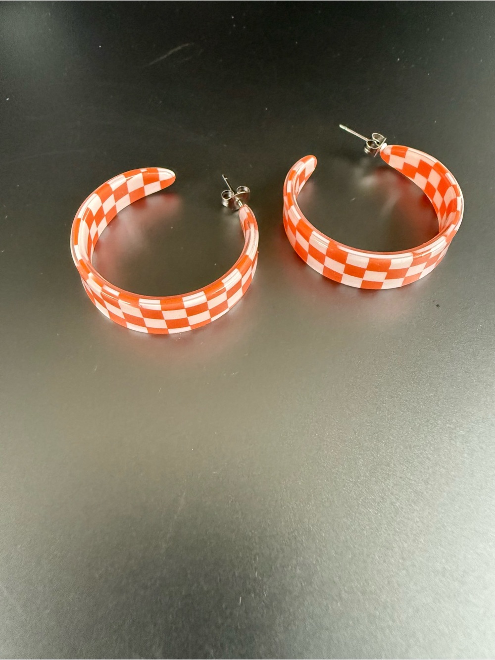 Orange & White Check Hoop Earrings - Picture 2 of 3